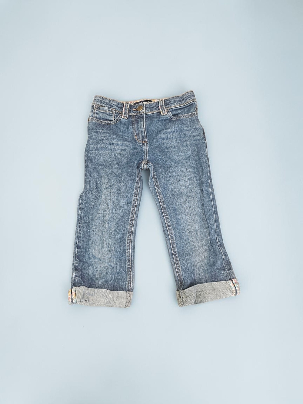 Mini Boden Girls' Denim Jean Capris with Floral Waistband - Blue